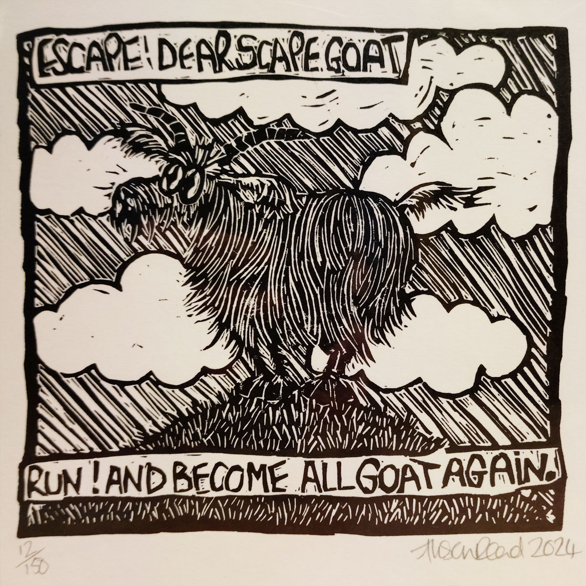 Become All Goat Again - Linocut print by Alison Read