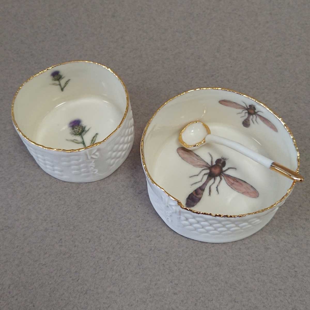 Red Earth Designs - Ramakins and spoon. Porcelain ceramic with gold lustre